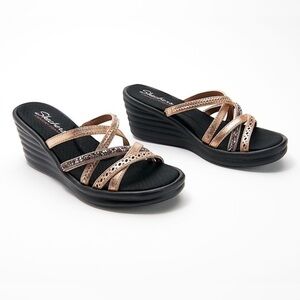 Skechers Women's Black and Gold Wedge Sandals